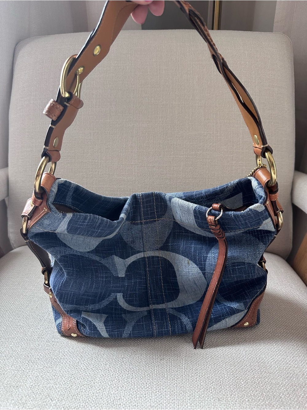 RARE Y2K Coach Medium Carly Denim Shoulder Bag with Brown Trim